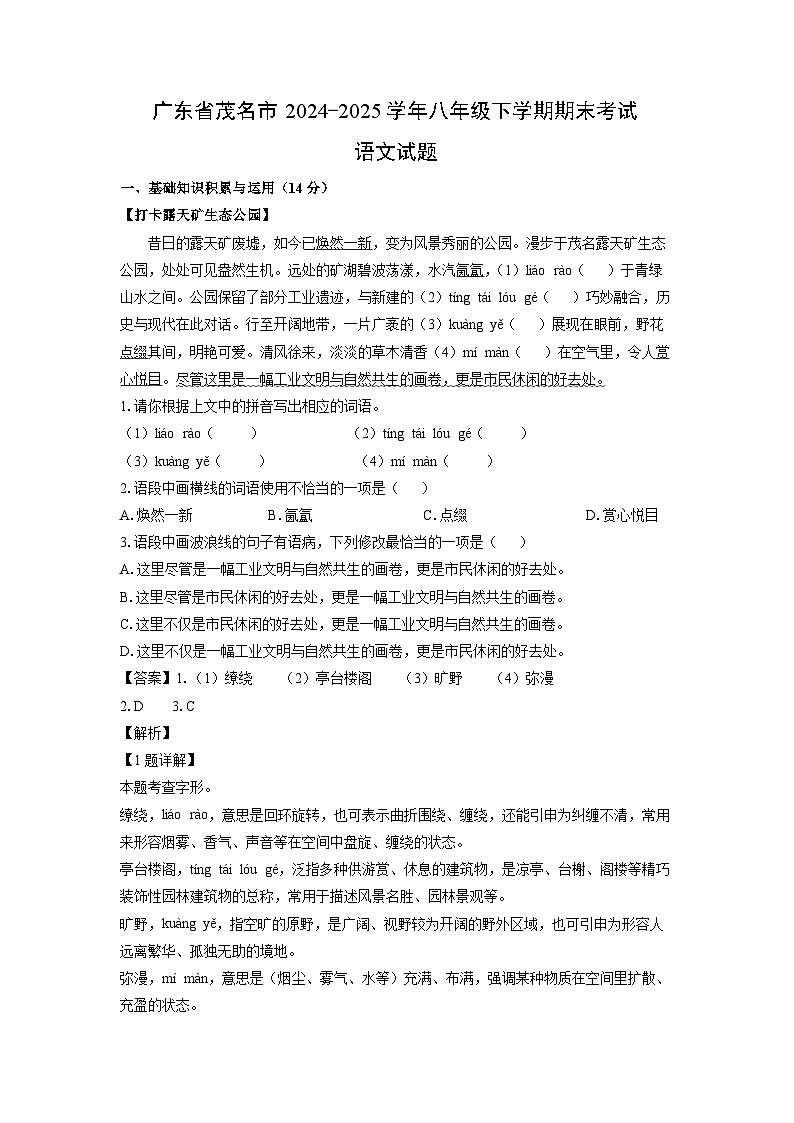 广东省茂名市2024-2025学年八年级下学期期末考试语文试题（解析版）第1页
