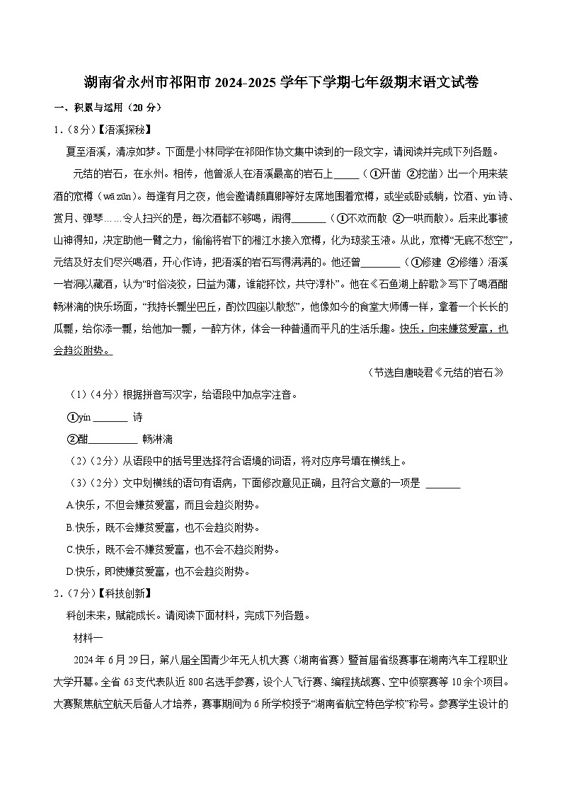 湖南省永州市祁阳市2024-2025学年七年级下学期期末考试语文试卷 (1)第1页