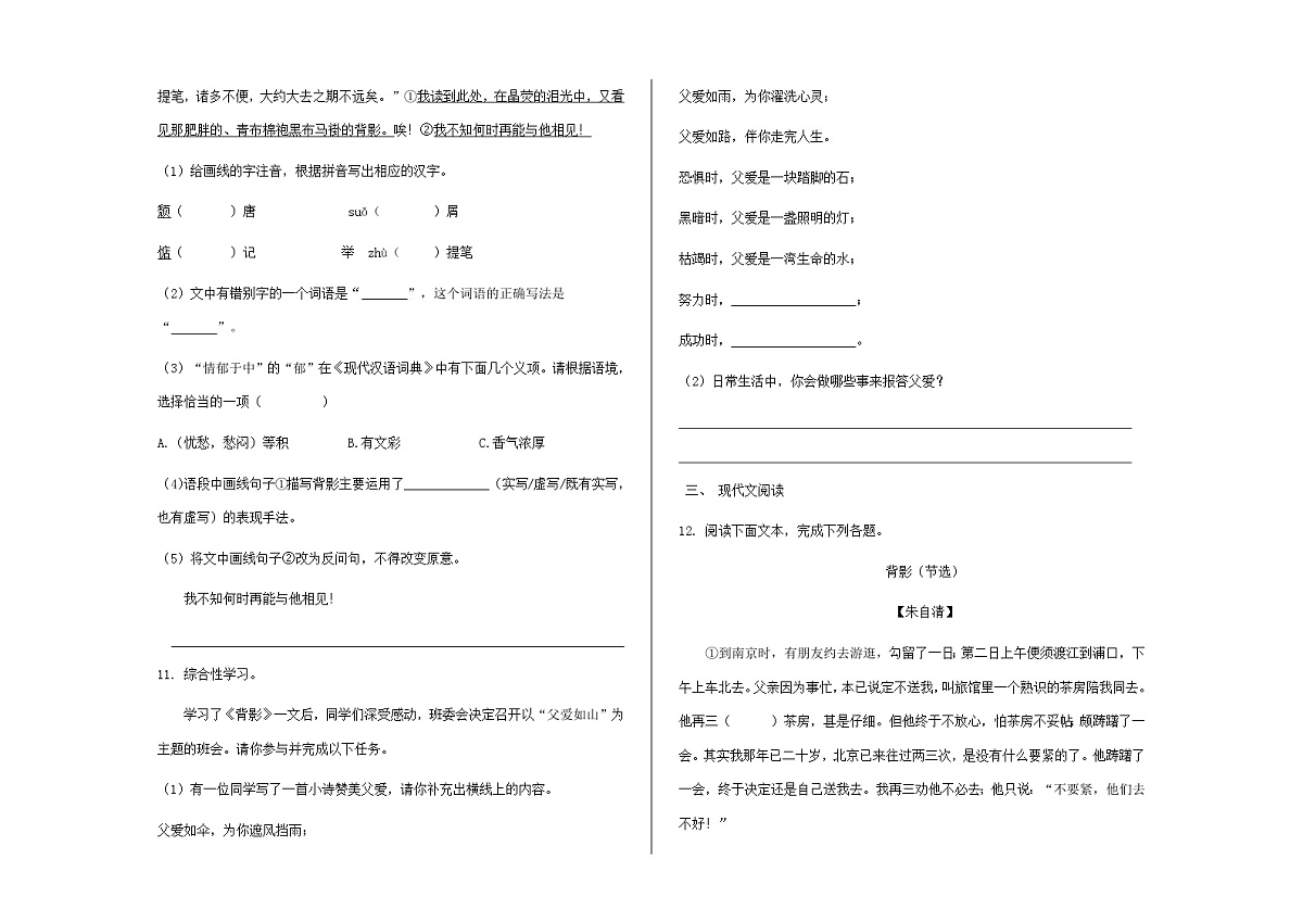 八上语文同步练习题（第13课）《背影》A3第3页