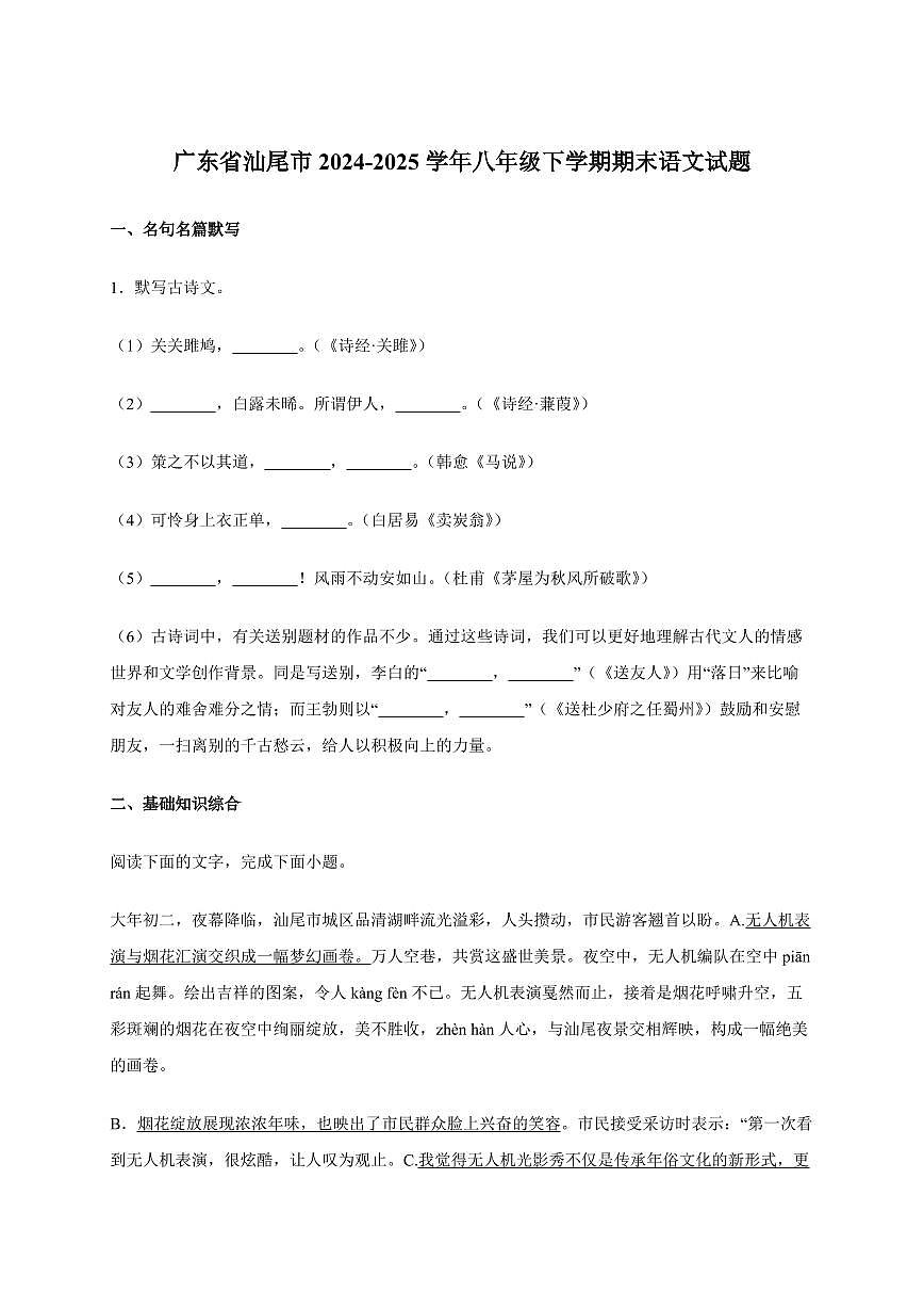 广东省汕尾市2024~2025学年八年级下学期期末语文试卷[附答案]第1页