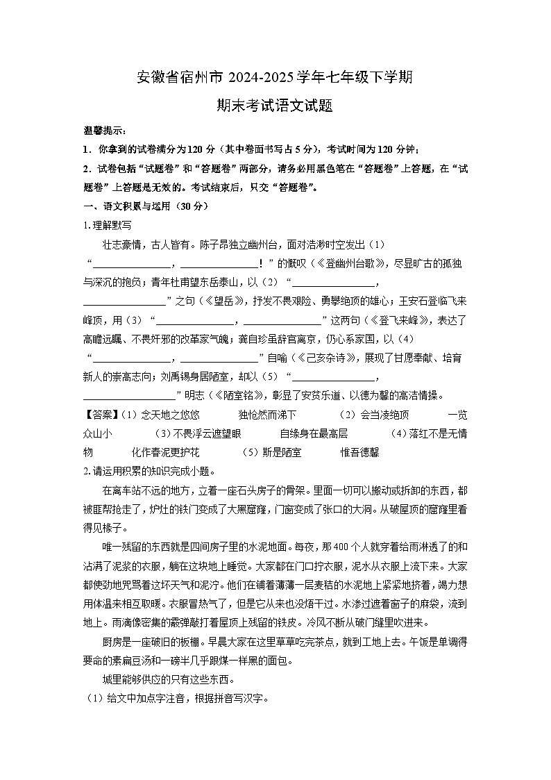安徽省宿州市2024-2025学年七年级下学期期末考试语文试卷（解析版）第1页