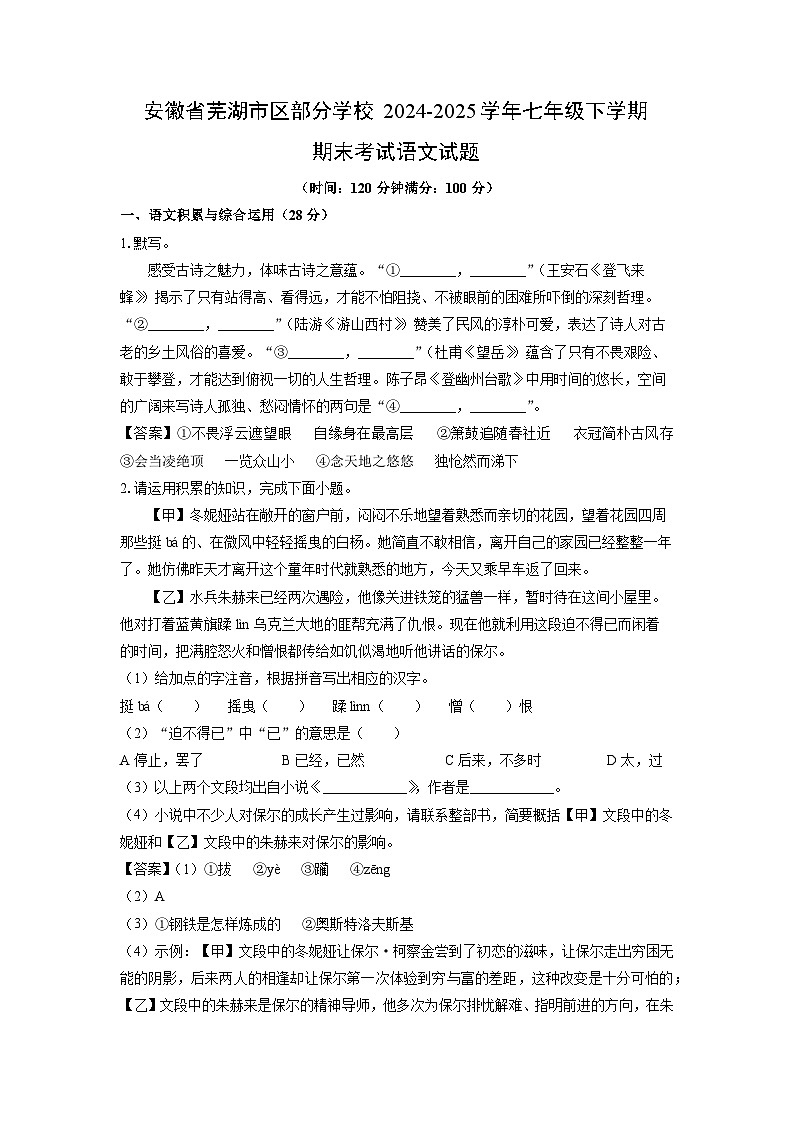 安徽省芜湖市区部分学校2024-2025学年七年级下学期期末考试语文试卷（解析版）第1页