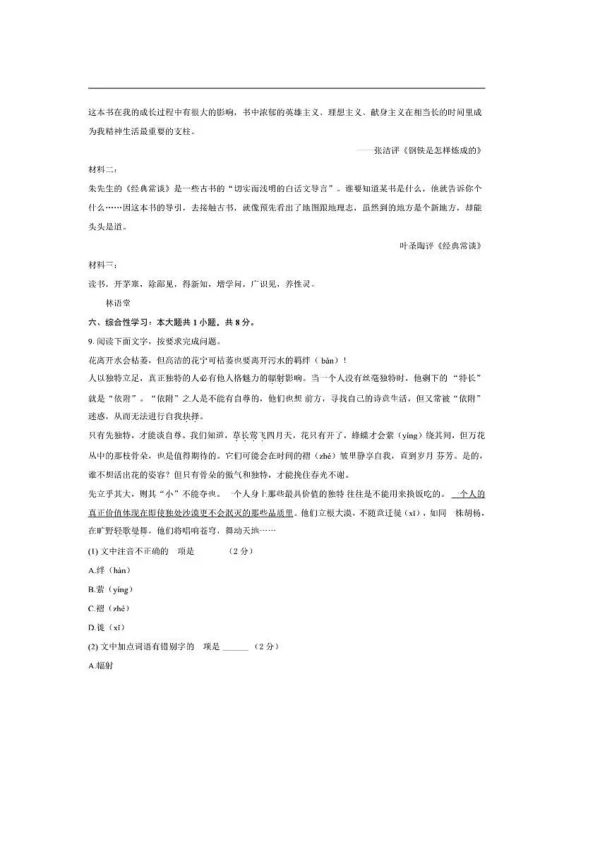 2024～2025学年云南省昆明市石林县八年级下期末考试语文试卷(含解析)第3页