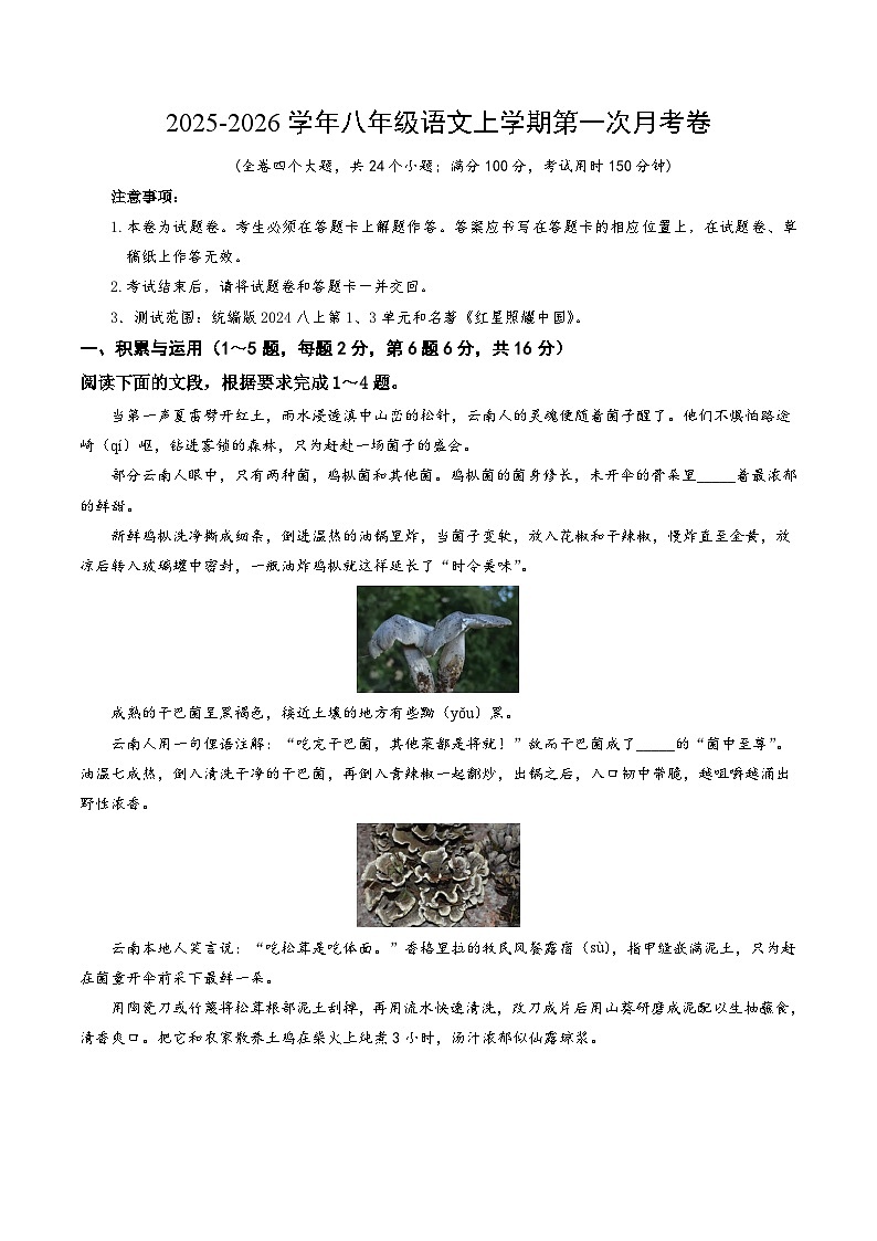 八年级语文第一次月考卷（考试版A4）【测试范围：上册第1、3单元及第2单元的名著】（云南专用）第1页