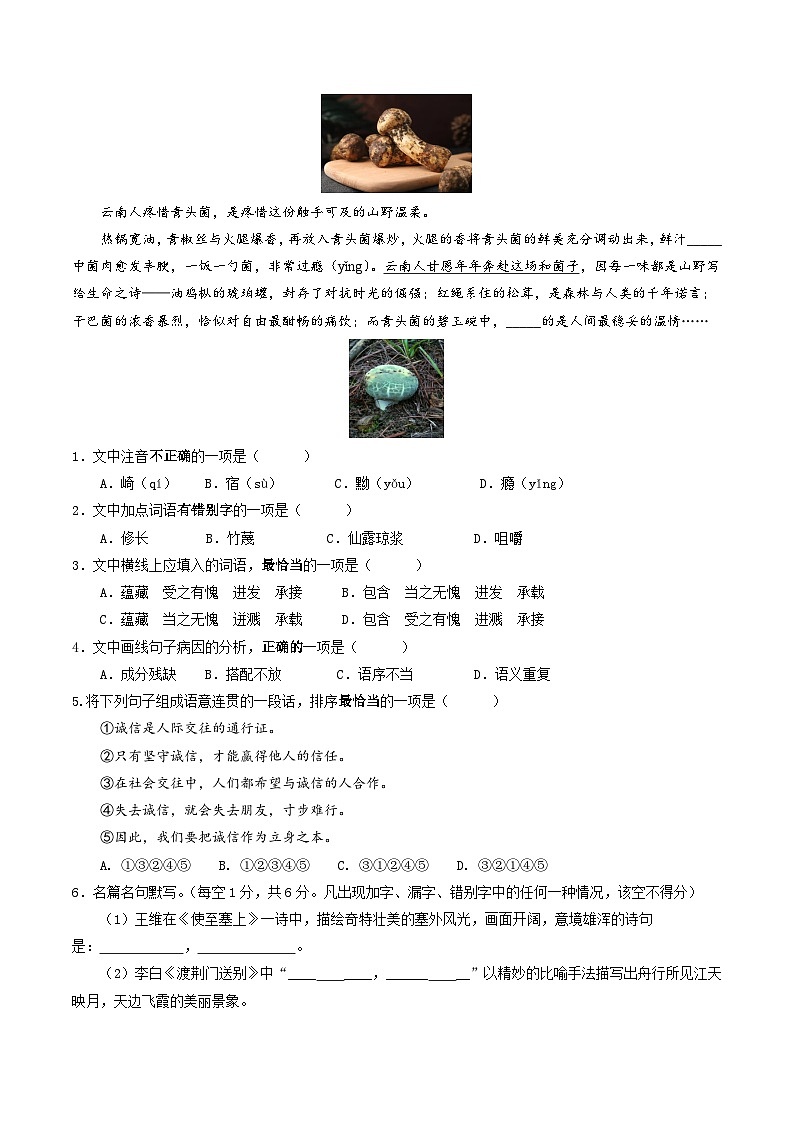 八年级语文第一次月考卷（考试版A4）【测试范围：上册第1、3单元及第2单元的名著】（云南专用）第2页