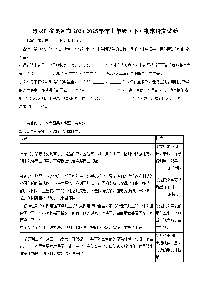 黑龙江省黑河市2024-2025学年七年级（下）期末语文试卷【含答案】第1页