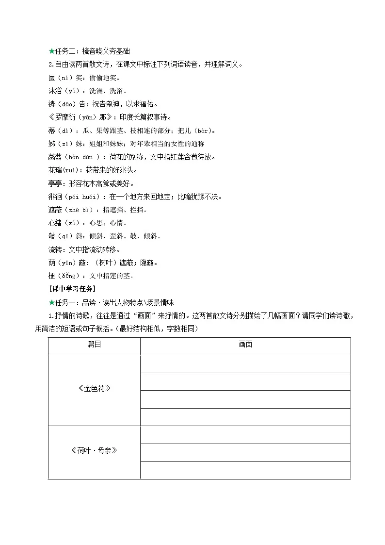 25年秋季-新人教版七年级语文上册 第7课 母爱如莲自荫蔽 化作金花昵母亲-《散文诗二首》导学案第2页