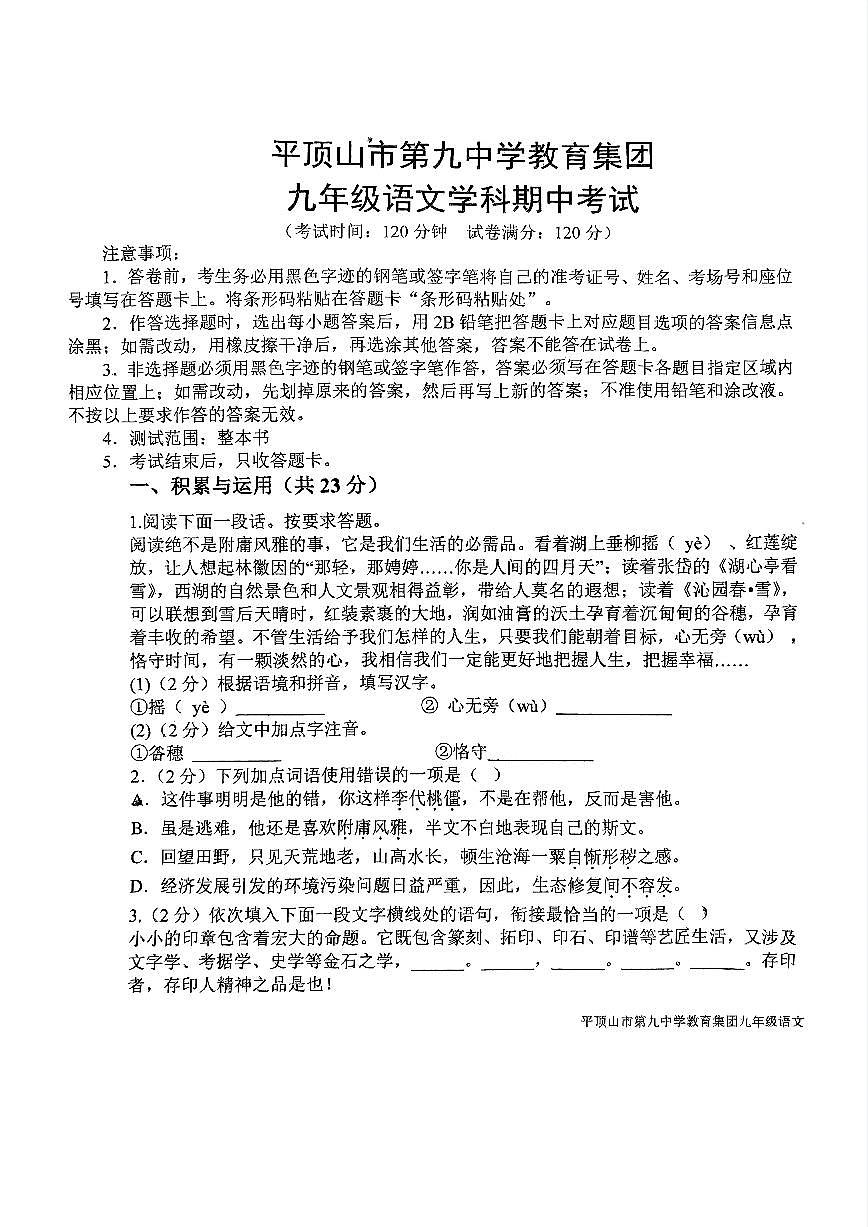 河南省平顶山市第九教育集团2024-2025学年九年级上学期期中考试语文试卷第1页