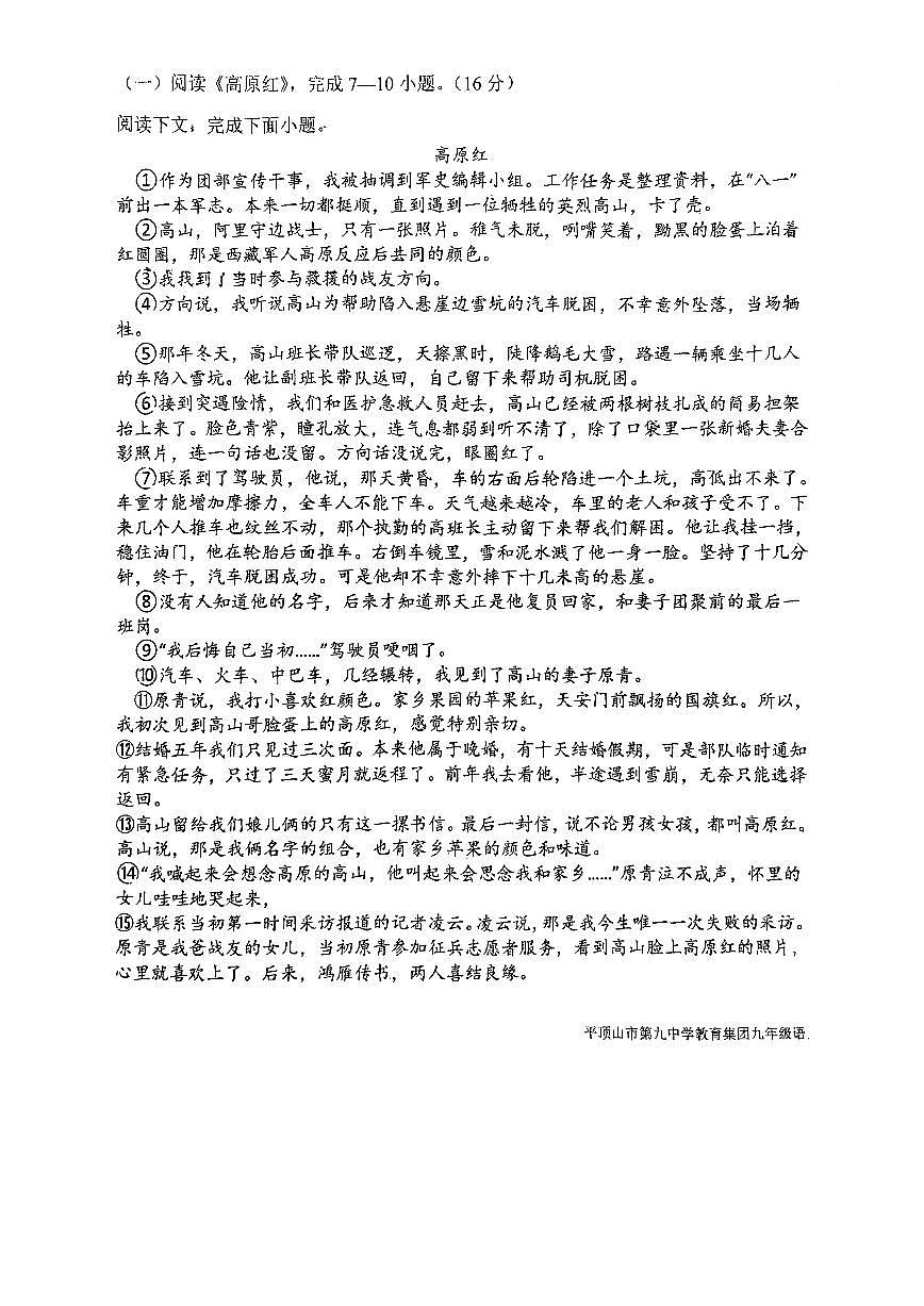 河南省平顶山市第九教育集团2024-2025学年九年级上学期期中考试语文试卷第3页