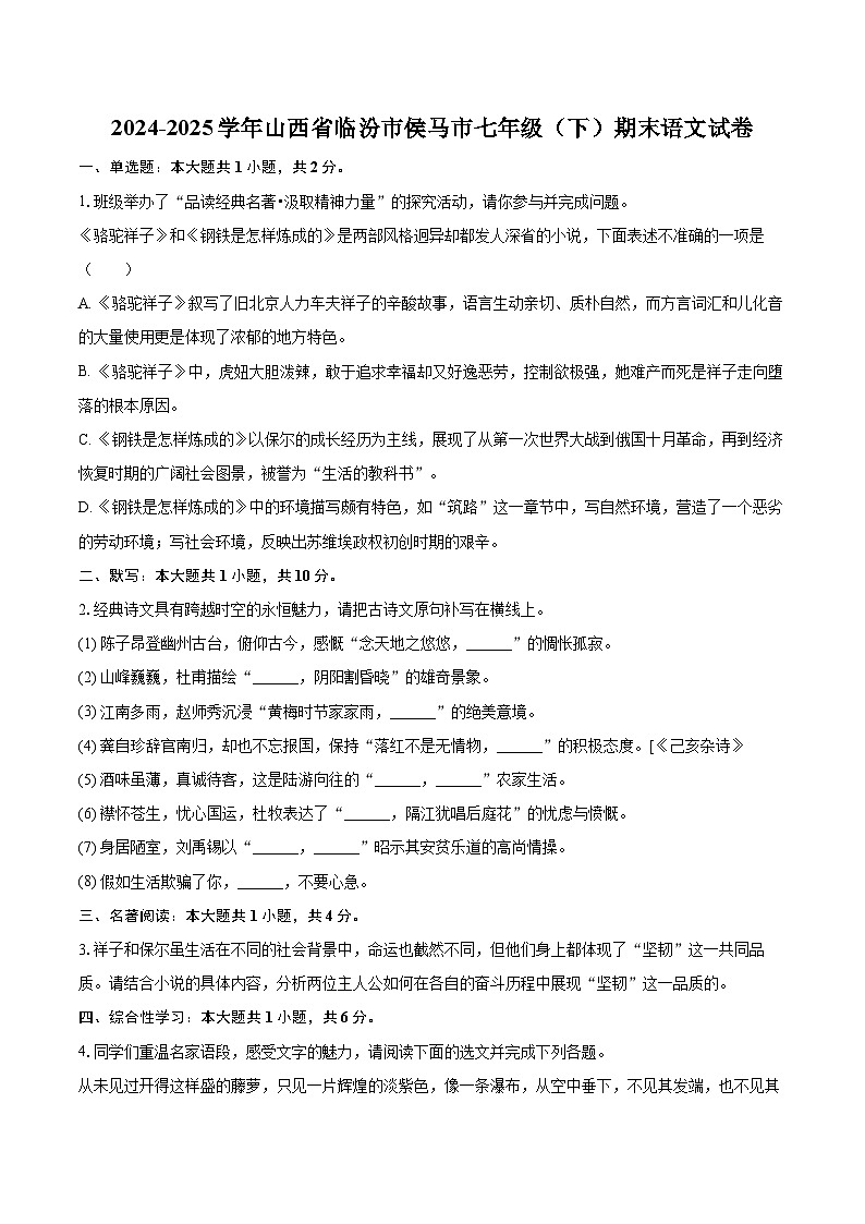 2024-2025学年山西省临汾市侯马市七年级（下）期末语文试卷（含详细答案解解析）第1页