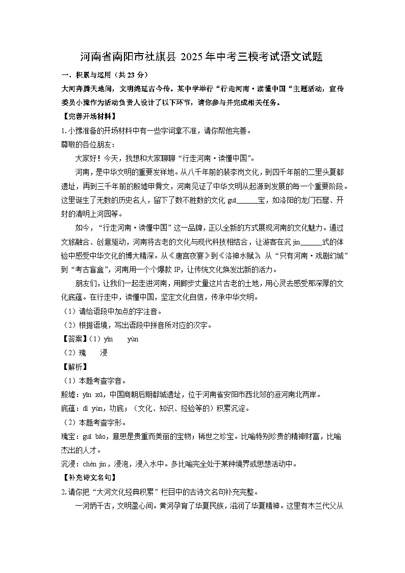河南省南阳市社旗县2025年中考三模考试语文试卷（解析版）第1页