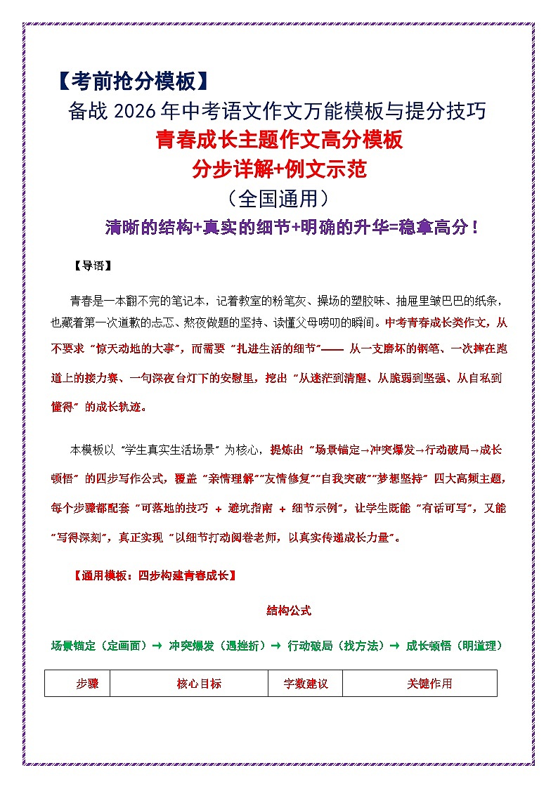 12.青春成长主题作文高分模板（分步详解 例文示范）-2026年中考语文作文考前抢分模板与提分必备素材讲练（全国通用）第1页