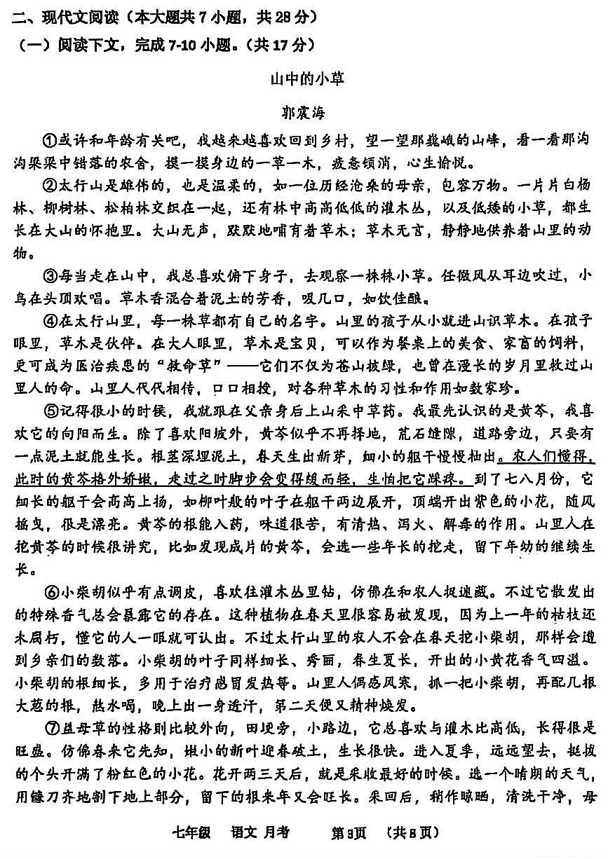 河南省实验中学2024-2025学年七年级上学期10月月考语文试卷第3页