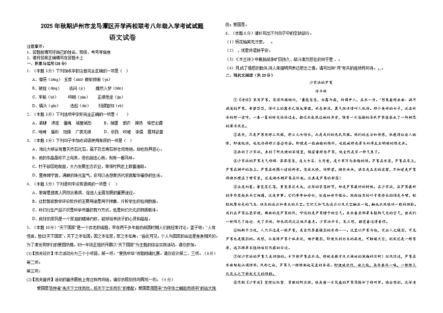 四川省泸州市龙马潭区开学联考2025-2026学年八年级上学期开学语文试题（含答案）第1页