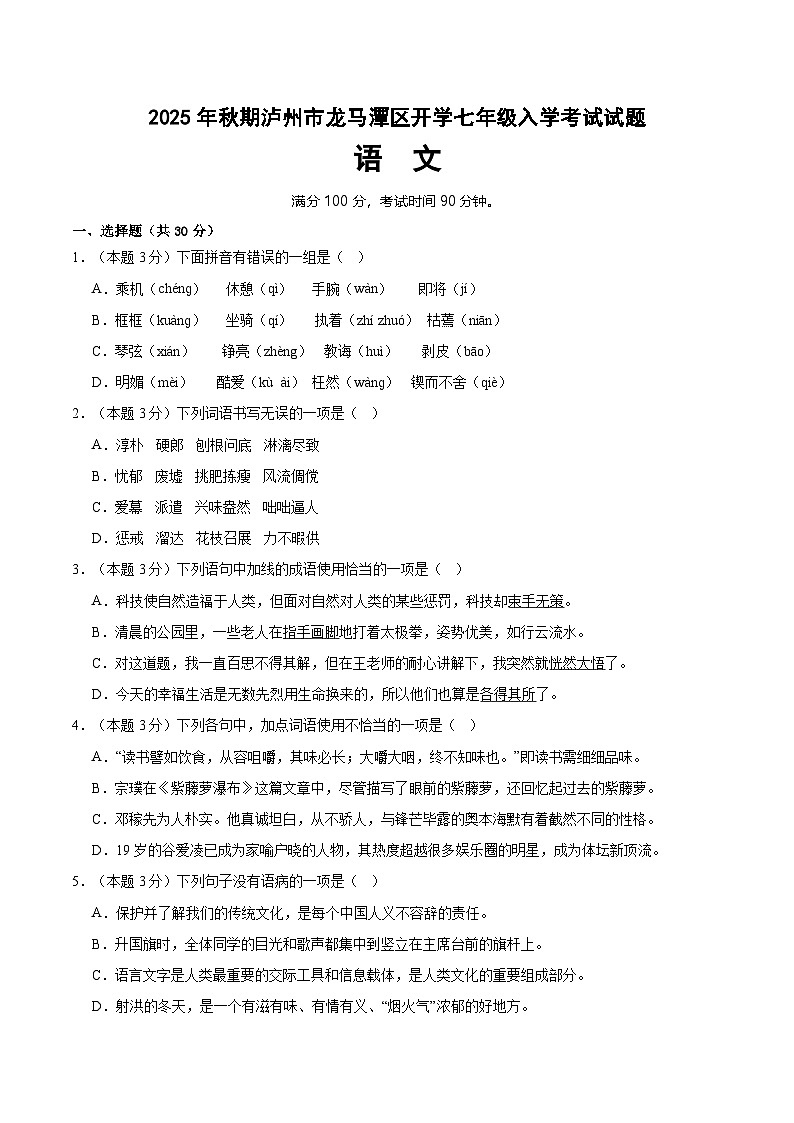 四川省泸州市龙马潭区开学联考2025-2026学年七年级上学期开学语文试题（含答案）第1页