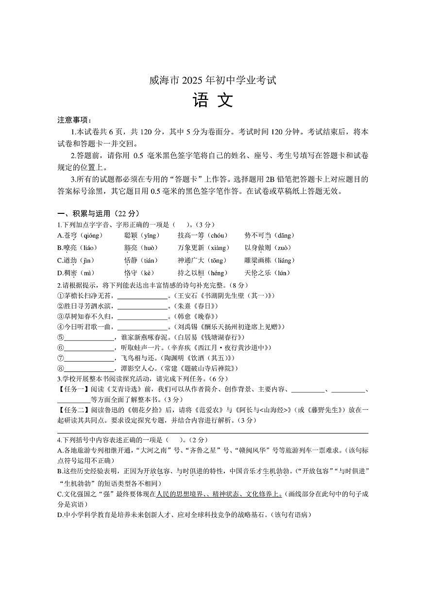 2025年山东省威海市中考语文试题卷（含答案解析）第1页