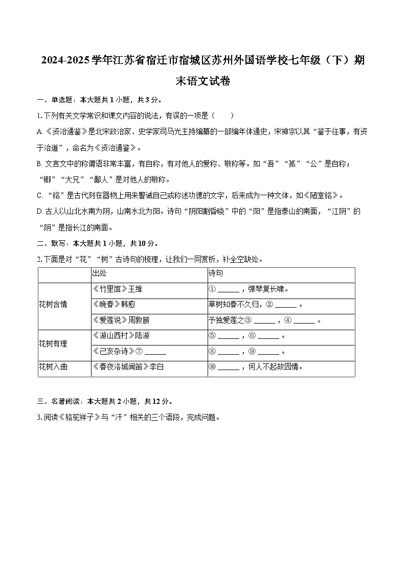 2024-2025学年江苏省宿迁市宿城区苏州外国语学校七年级（下）期末语文试卷（含详细答案解析）第1页
