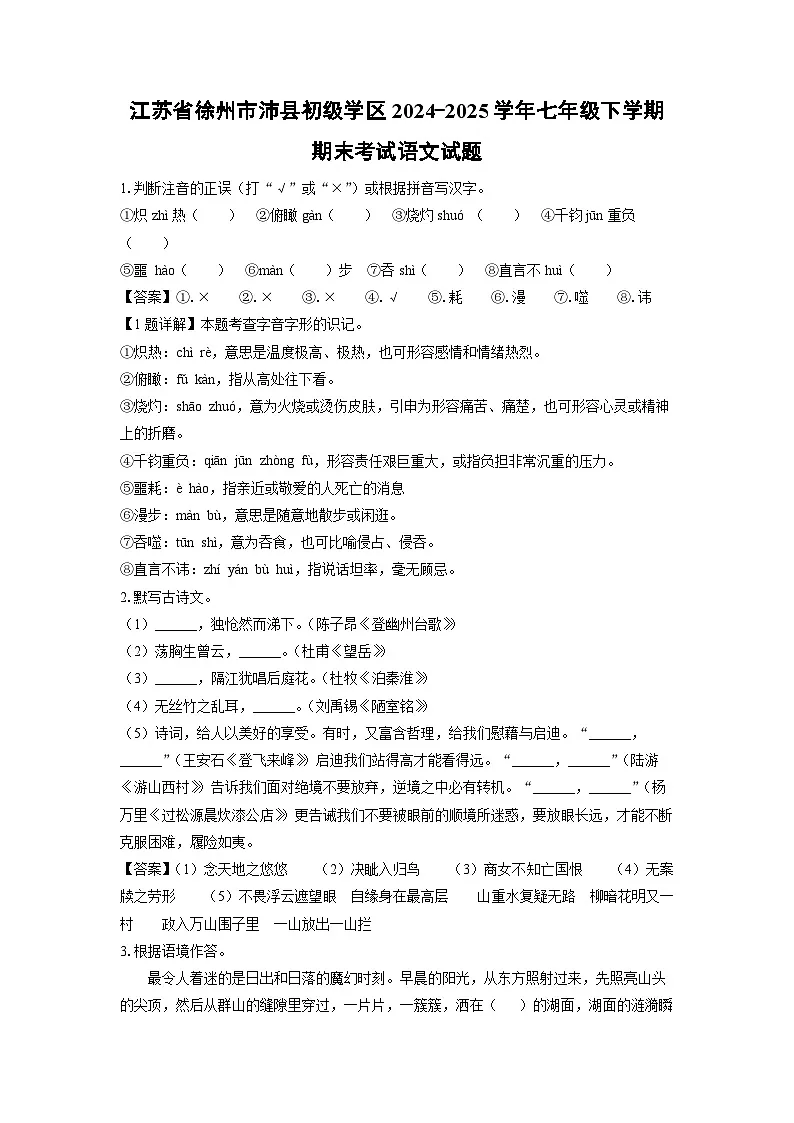 江苏省徐州市沛县初级学区2024-2025学年七年级下学期期末考试语文试卷（解析版）第1页