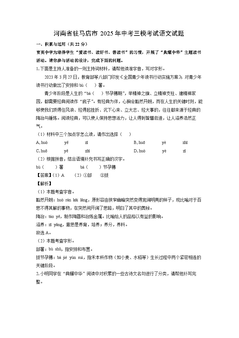 河南省驻马店市2025年中考三模考试语文试卷（解析版）第1页