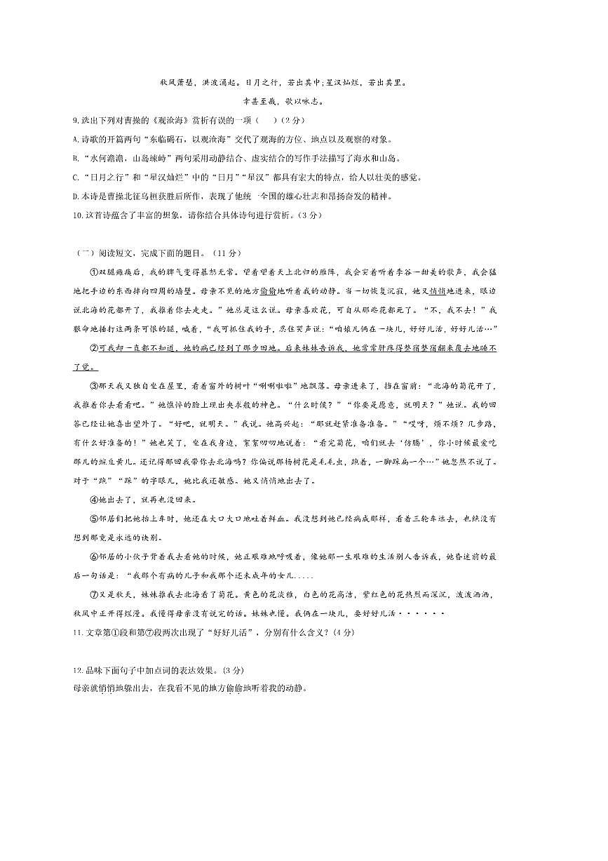 2024～2025学年山东省枣庄市滕州市滨湖镇滨湖中学七年级上(一)月考语文试卷(含答案)第3页
