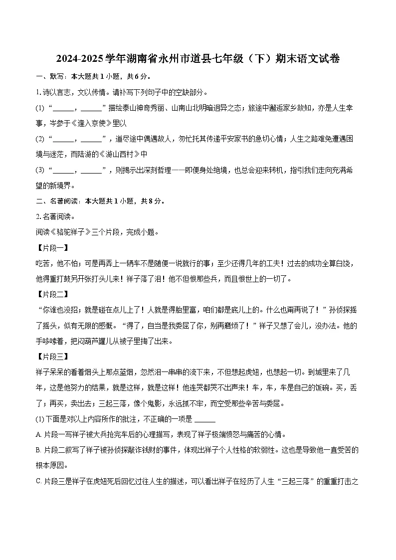 2024-2025学年湖南省永州市道县七年级（下）期末语文试卷（含详细答案解析）第1页