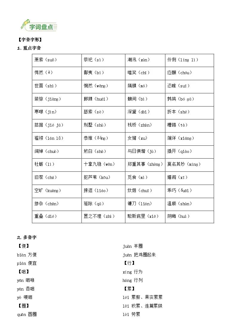 新人教部编版初中语文九上第四单元思维导图冀知识点清单第2页