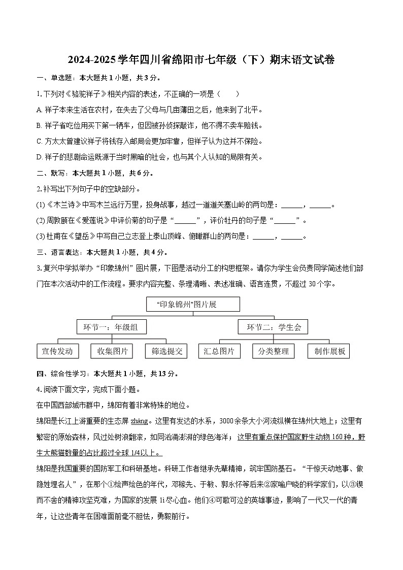 2024-2025学年四川省绵阳市七年级（下）期末语文试卷(含详细答案解析)第1页