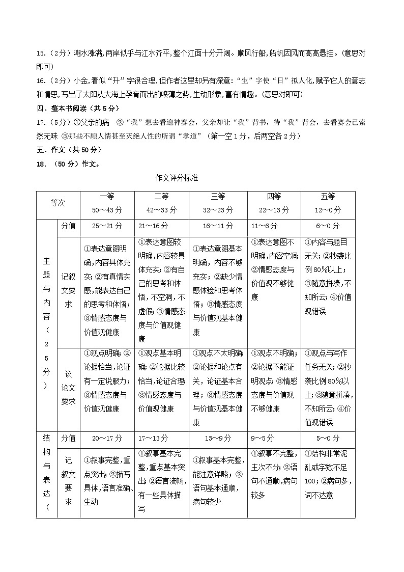 七年级语文第一次月考卷（参考答案）（河南专用）第2页