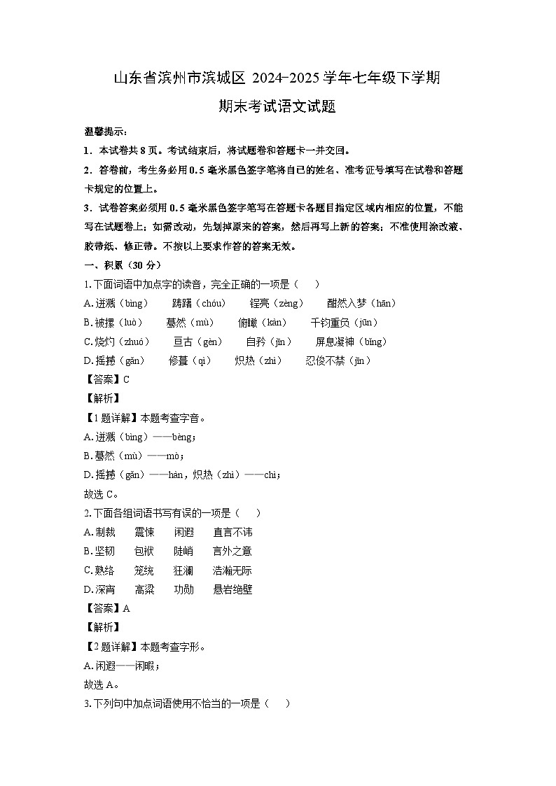 山东省滨州市滨城区2024-2025学年七年级下学期期末考试语文试卷（解析版）第1页