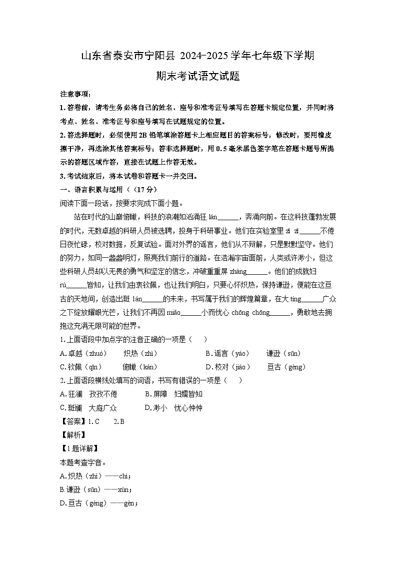 山东省泰安市宁阳县2024-2025学年七年级下学期期末考试语文试卷（解析版）第1页