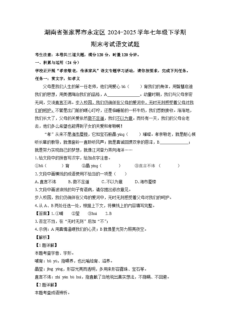 湖南省张家界市永定区2024-2025学年七年级下学期期末考试语文试卷（解析版）第1页