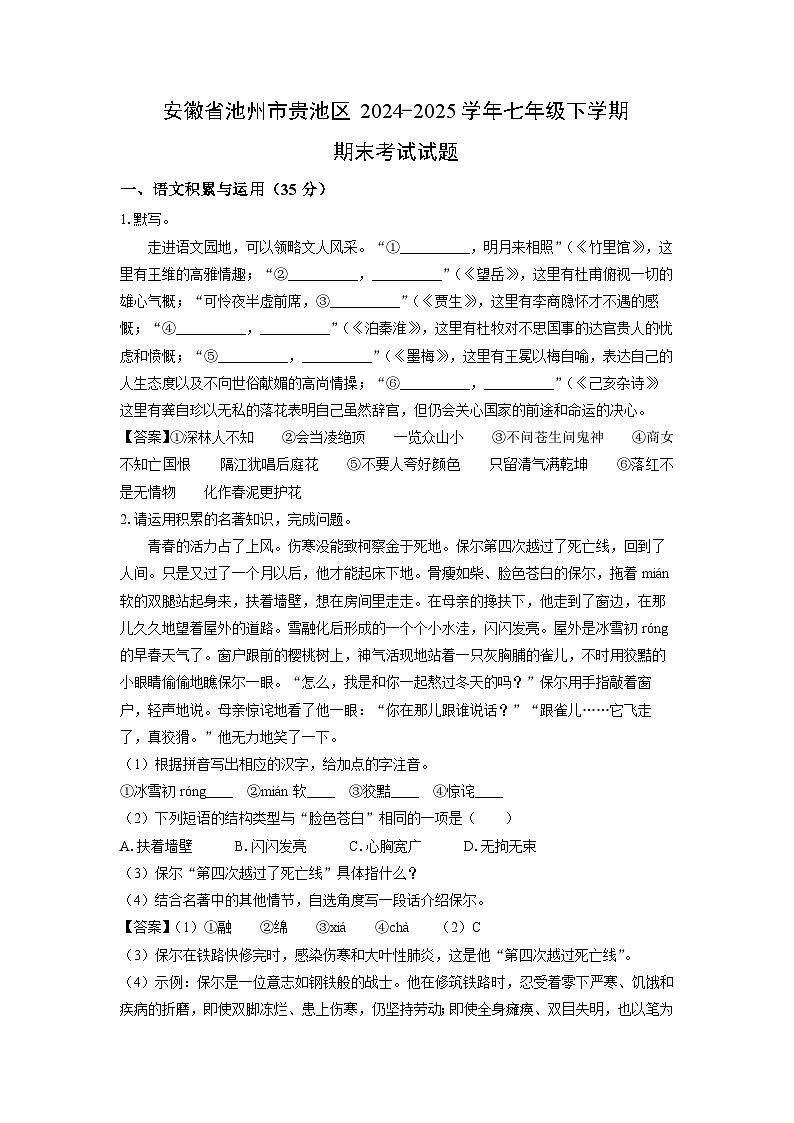 安徽省池州市贵池区2024-2025学年七年级下学期期末考试语文试卷（解析版）第1页