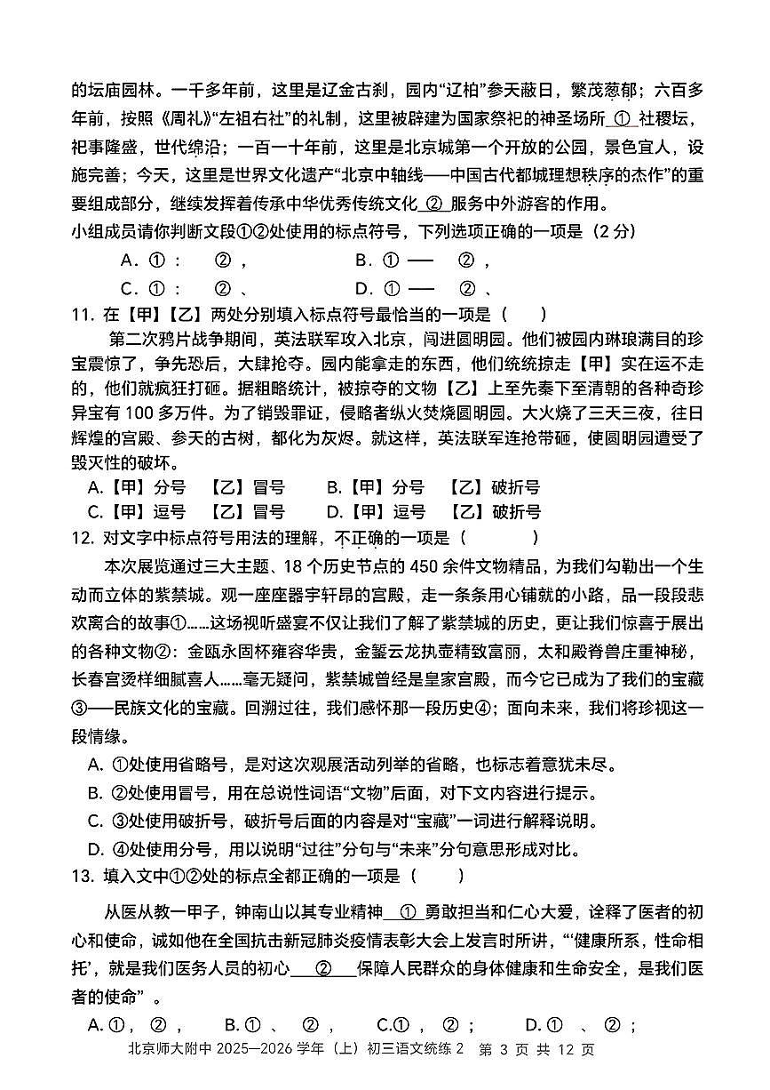 2025北京北师大附中初三（上）统练二语文   无答案第3页
