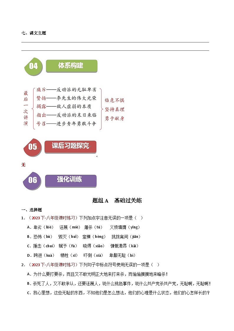 新人教部编版初中语文八下4-13《最后一次讲演》同步学与练习（原卷版无答案）第3页