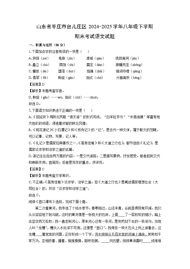 山东省枣庄市台儿庄区2024-2025学年八年级下学期期末考试语文试卷（解析版）第1页
