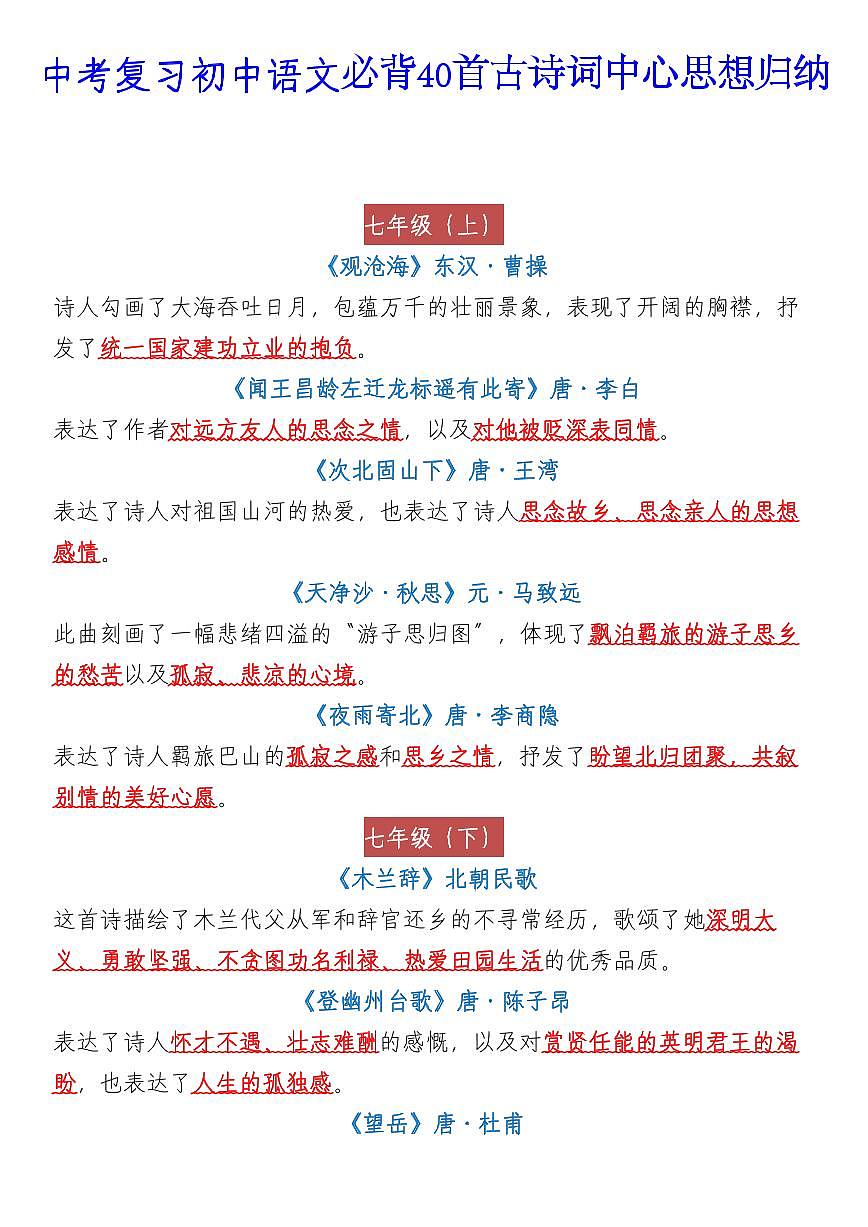 中考第一轮复习中考语文必背40首古诗词中心思想知识点归纳第1页