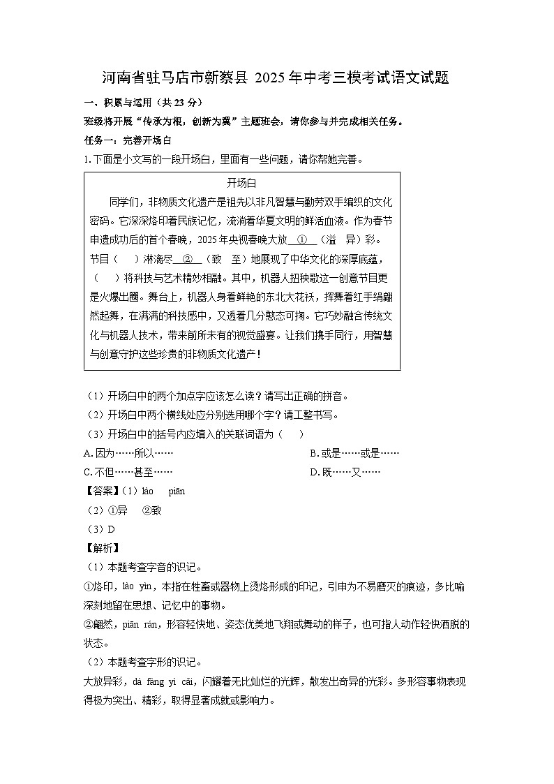 河南省驻马店市新蔡县2025年中考三模考试语文试卷（解析版）第1页