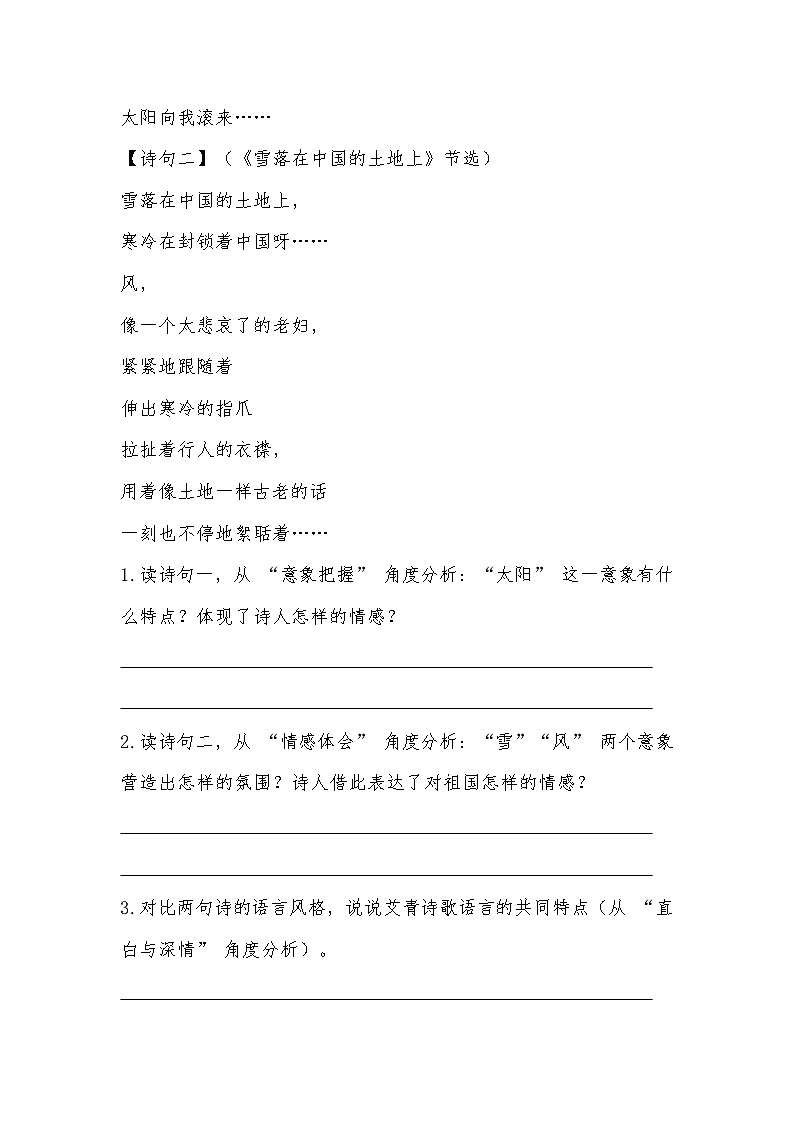 2025-2026学年统编版九年级语文上册名著导读《艾青诗选》—— 如何读诗同步练习（有答案）第3页