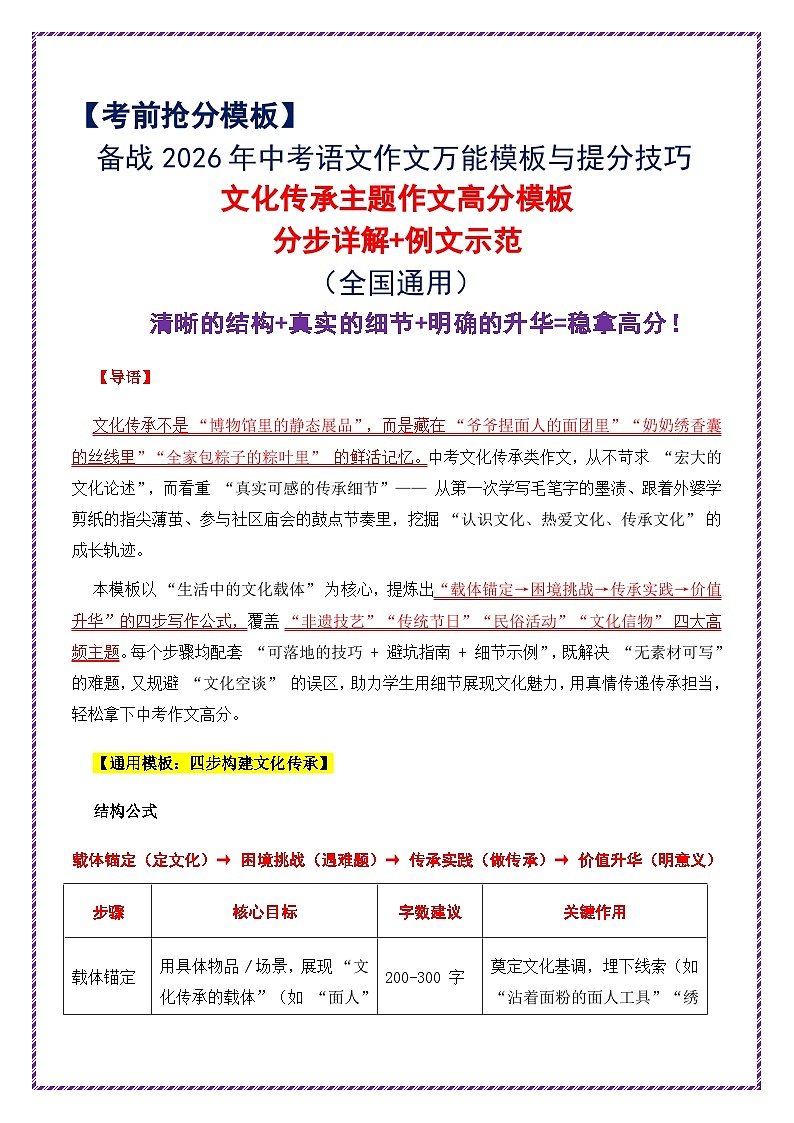 16.文化传承主题作文高分模板（分步详解+例文示范）-2026年中考语文作文考前抢分模板与提分必备素材讲练（全国通用）第1页