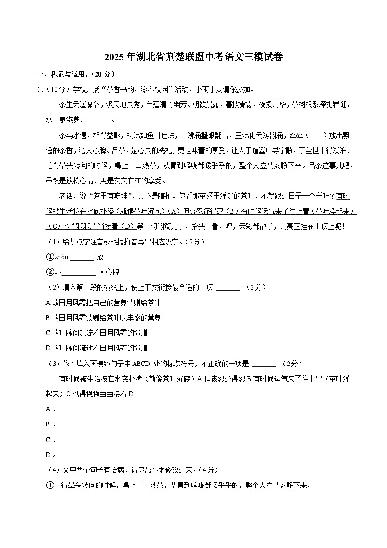 2025年湖北省荆楚联盟中考语文三模试卷第1页