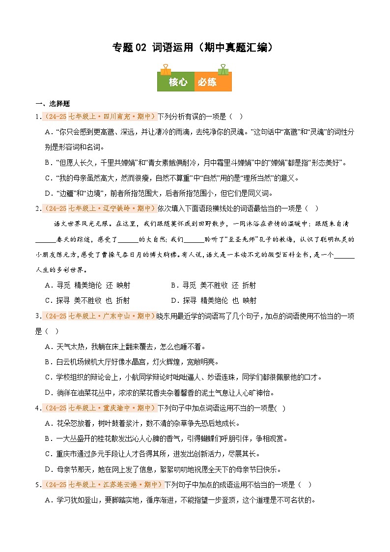 专题02 词语运用（期中真题汇编）（原卷版）第1页