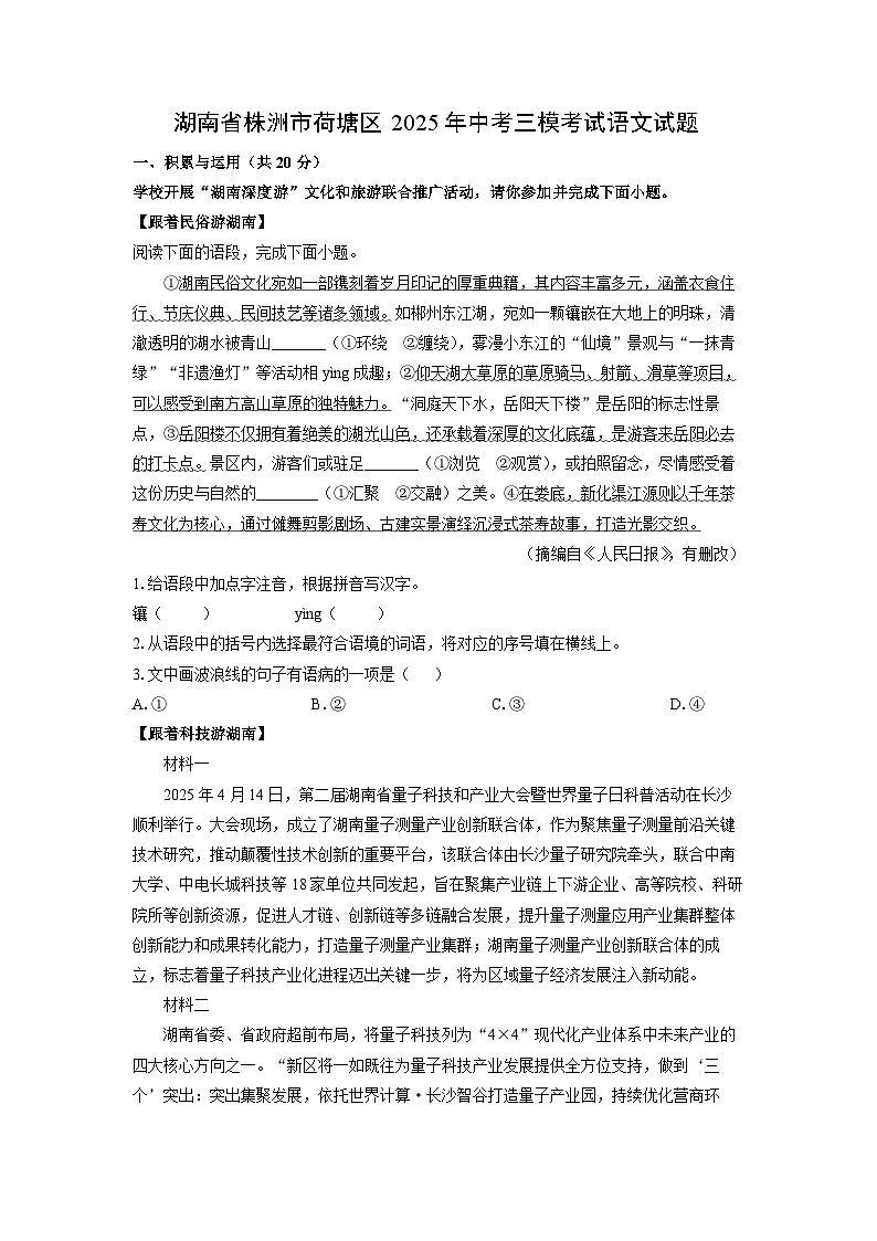 湖南省株洲市荷塘区2025年中考三模考试语文试卷（学生版）第1页