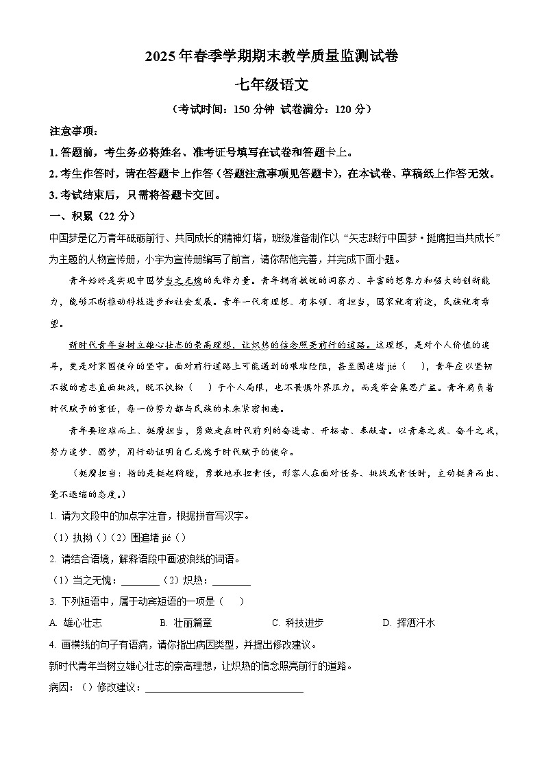 广西壮族自治区百色市县级市2024-2025学年七年级下学期期末语文试题（含答案）（解析版）第1页