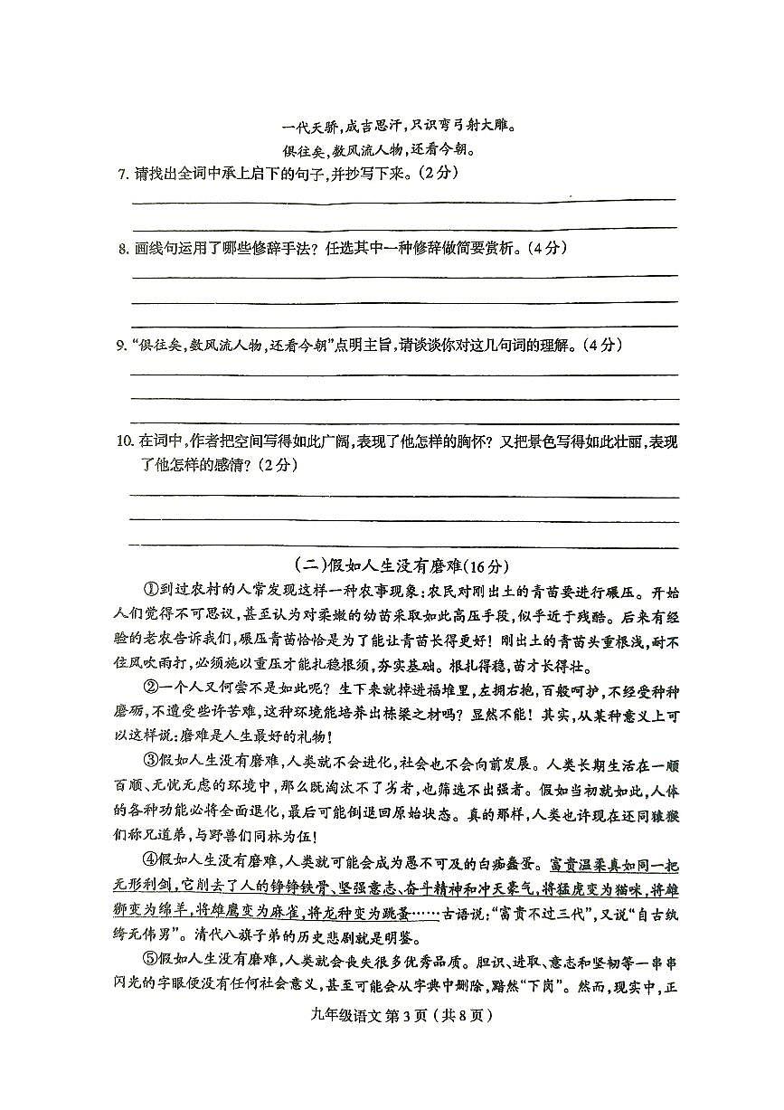 河南省周口市太康县2024-2025学年九年级上学期10月月考语文试题第3页