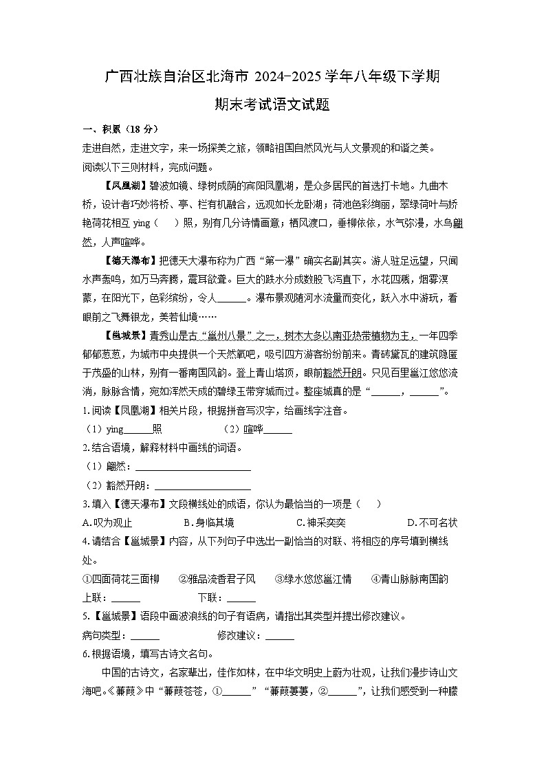 广西壮族自治区北海市2024-2025学年八年级下学期期末考试语文试卷（学生版）第1页