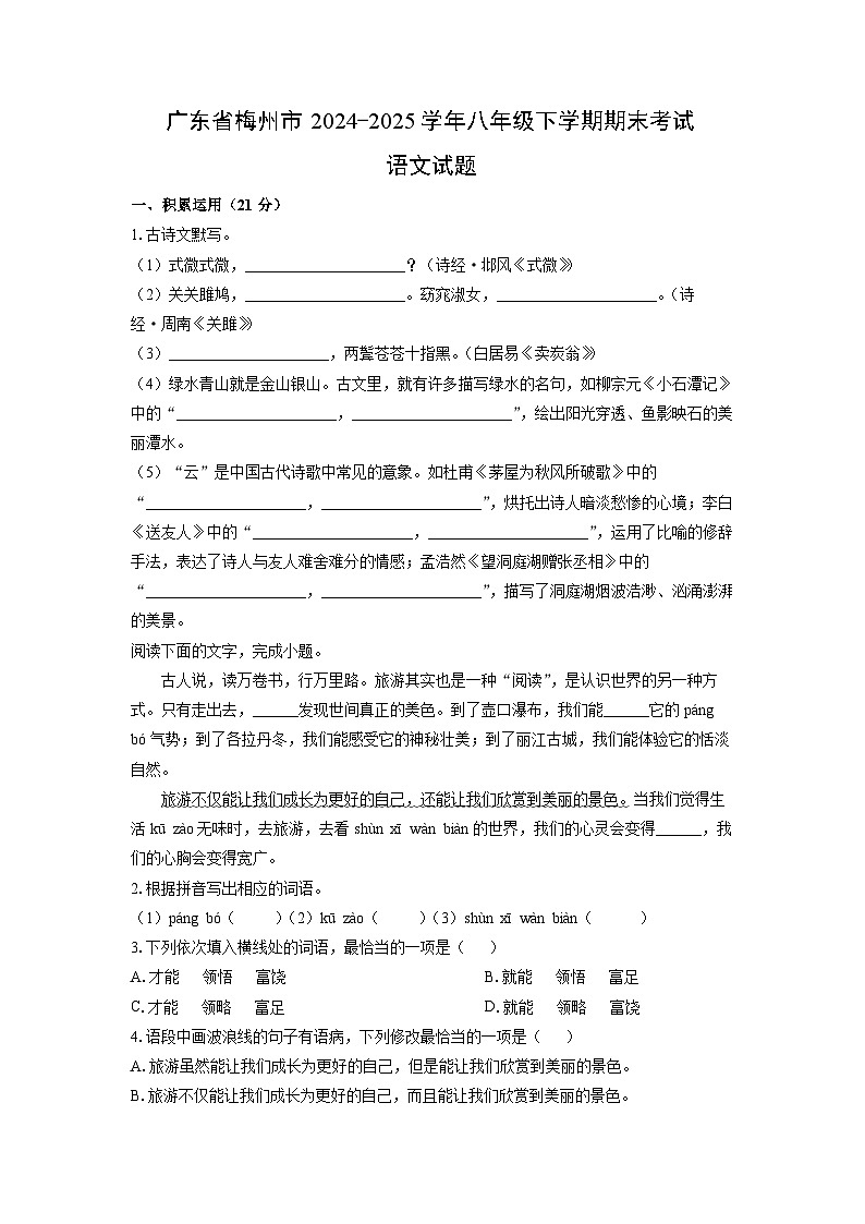 广东省梅州市2024-2025学年八年级下学期期末考试语文试卷（学生版）第1页
