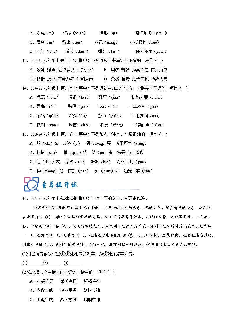 专题01 字音字形-2025-2026学年八年级语文上册期中复习分层训练（原卷版）第3页