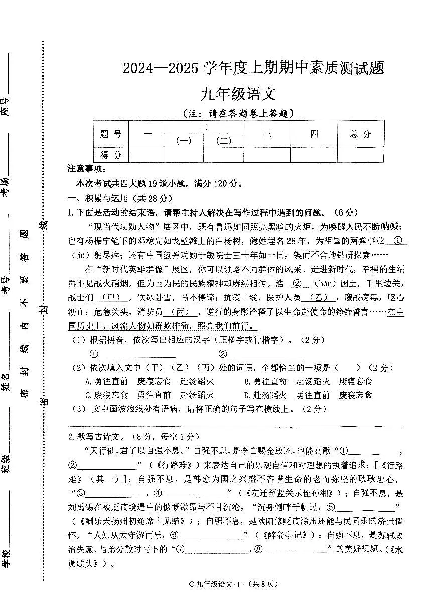 河南省驻马店市确山县2024-2025学年九年级上学期11月期中考试语文试题第1页