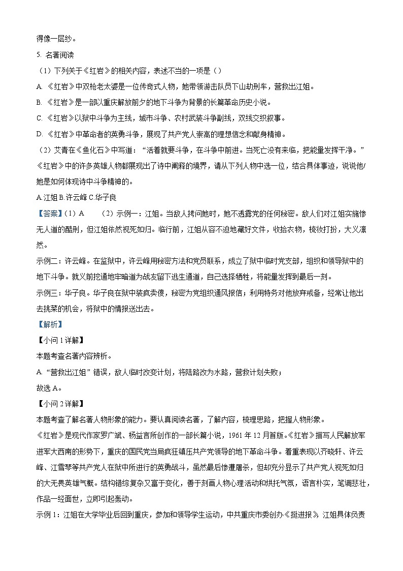 重庆市巴蜀中学校2024-2025学年七年级下学期期末语文试题（含答案）（解析版）第3页