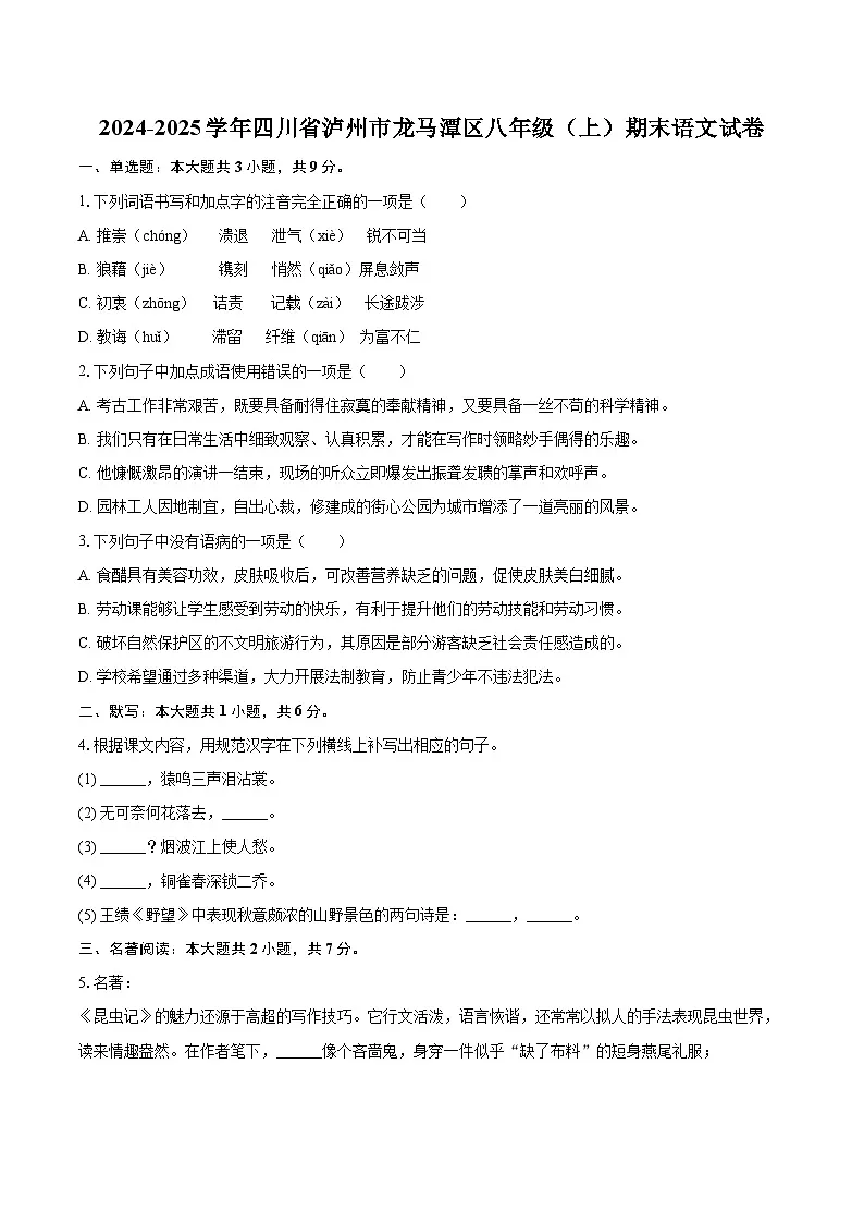2024-2025学年四川省泸州市龙马潭区八年级（上）期末语文试卷-自定义类型第1页